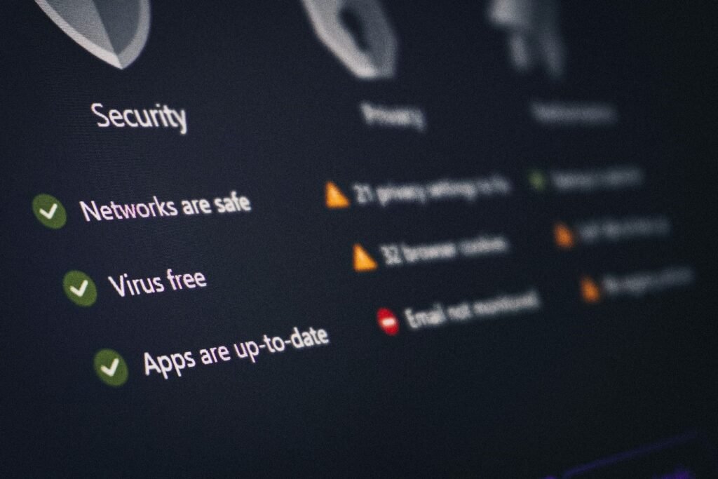 Cybersecurity dashboard showing network safety, virus protection, and system status indicators