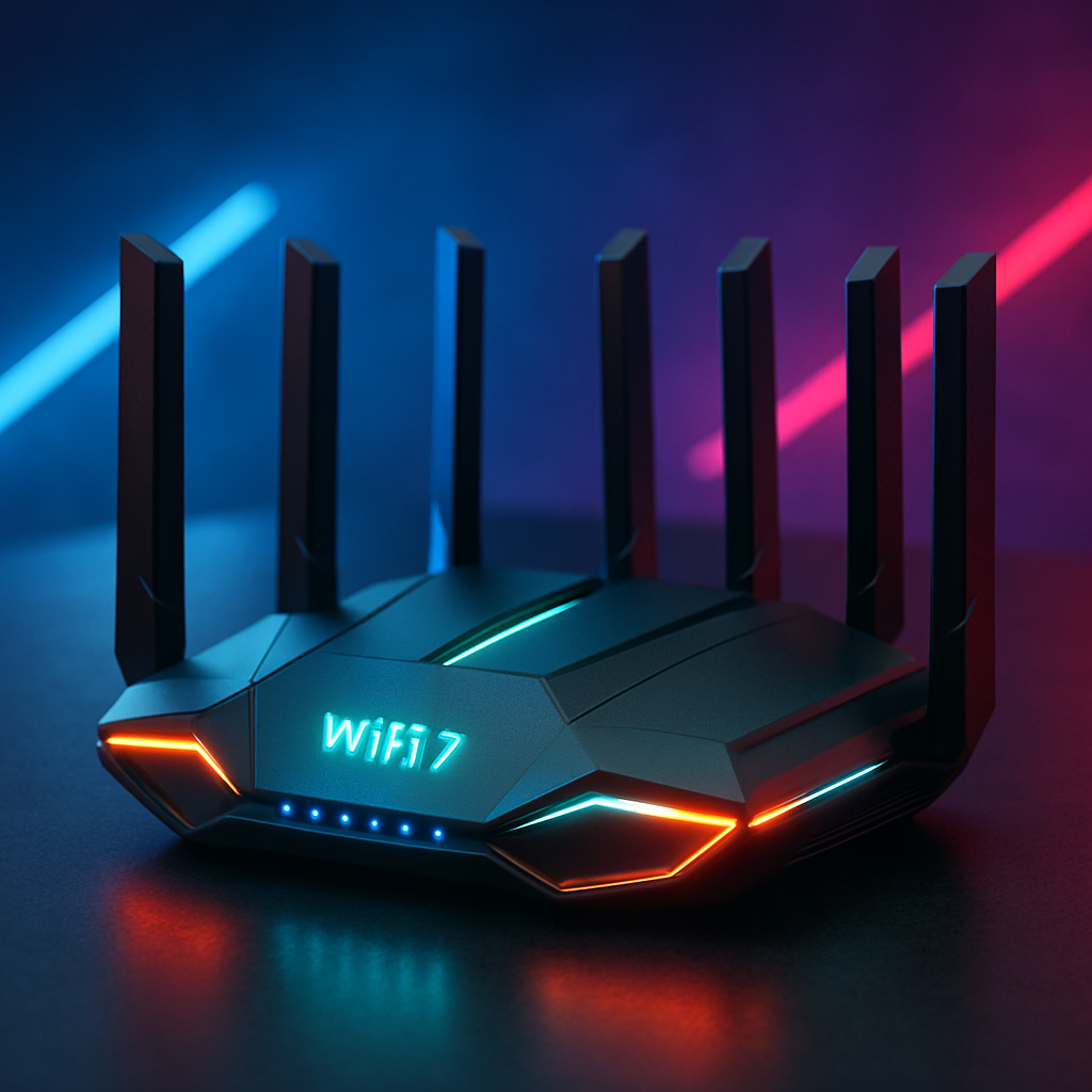 Modern Wi-Fi 7 router with multiple antennas and RGB lighting representing next-generation high-speed internet